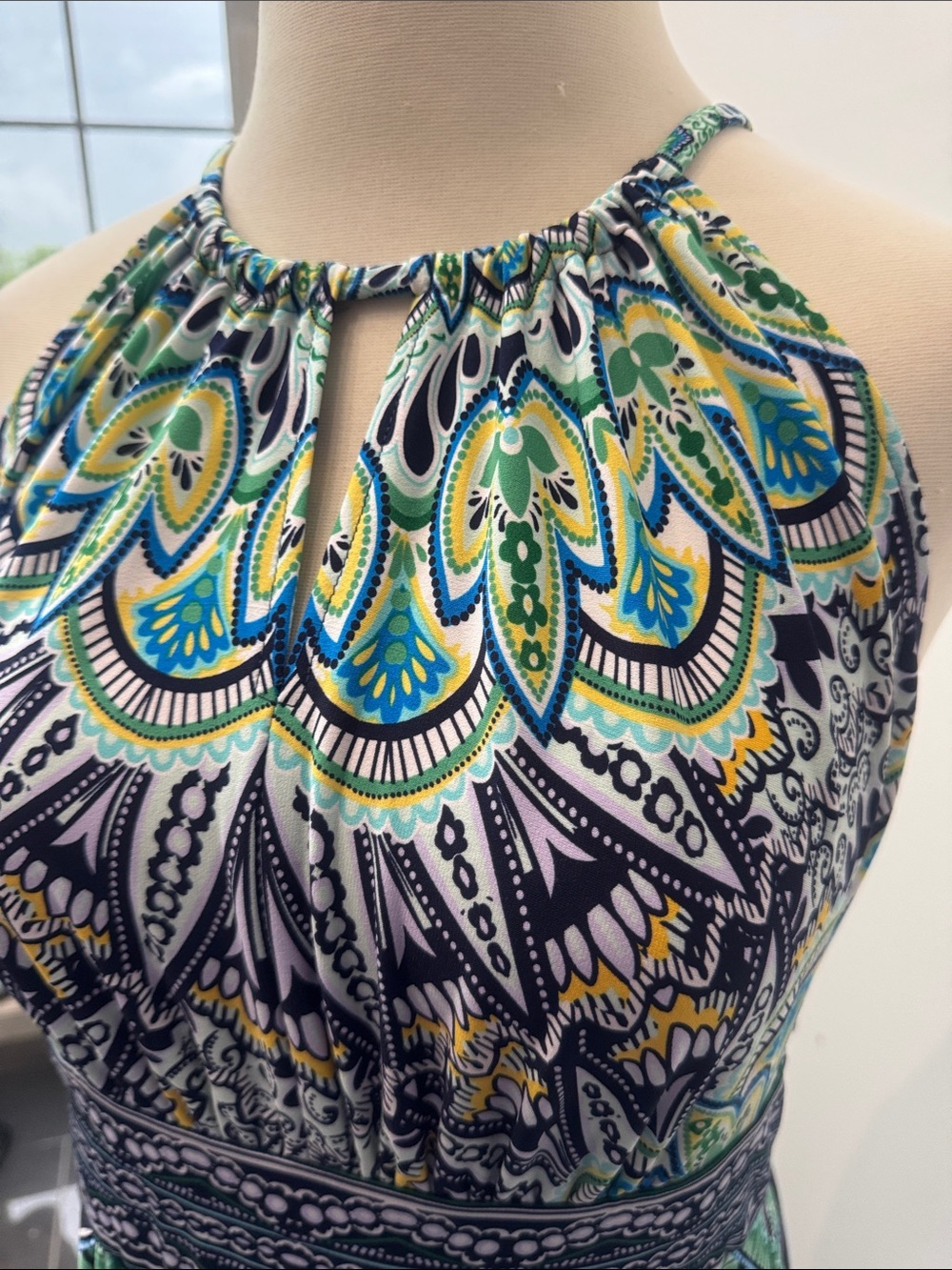 London Style Halter Maxi Dress in Green & Blue Paisley - Picture 2 of 7